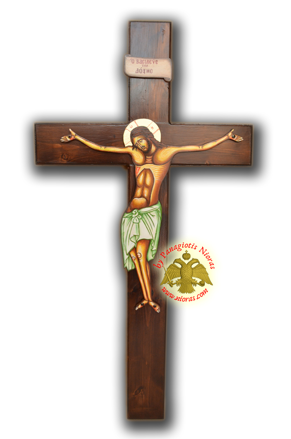 Hand Painted Wooden Cross for Holy Table Natural Coloured 95x50cm offered with Removable Standing Wooden Base